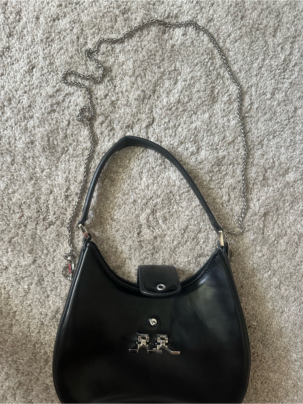Black Leather Shoulder Bag with Chain Strap